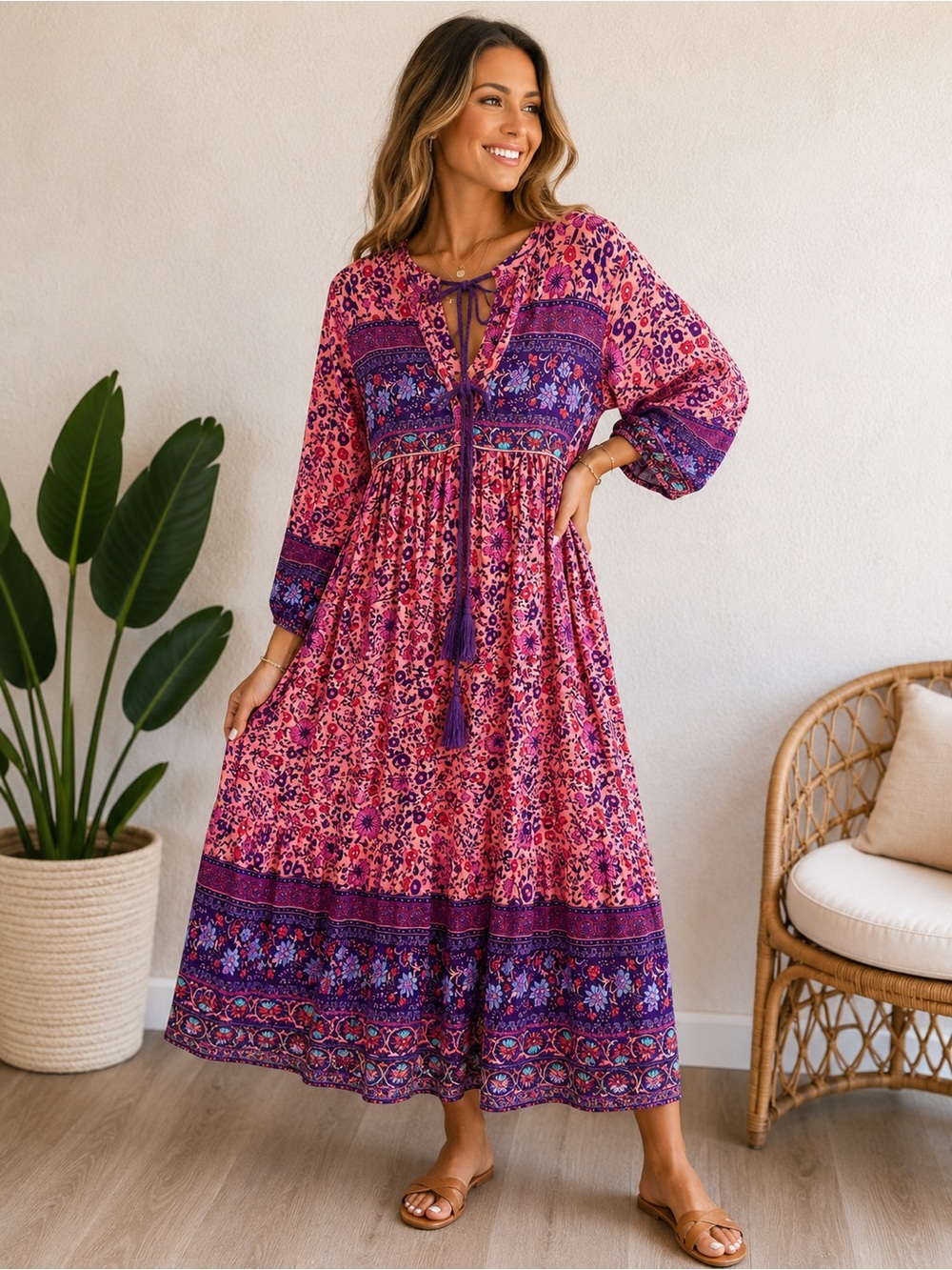 Floral Tie-Neck Midi Dress in Pink & Purple